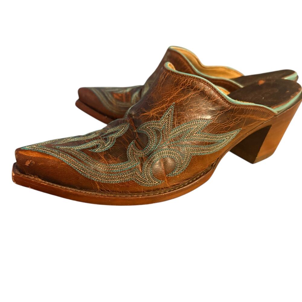 Old Gringo Leather Made In Mexico Brown w/ Teal Detail Western Style Mules sz 8 - Picture 4 of 14